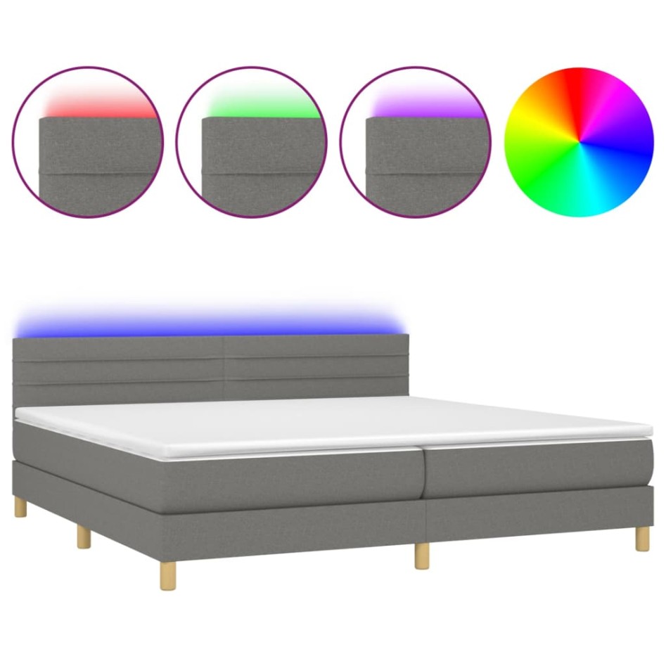 Cama box spring con colchón y LED tela gris oscuro 200x200
