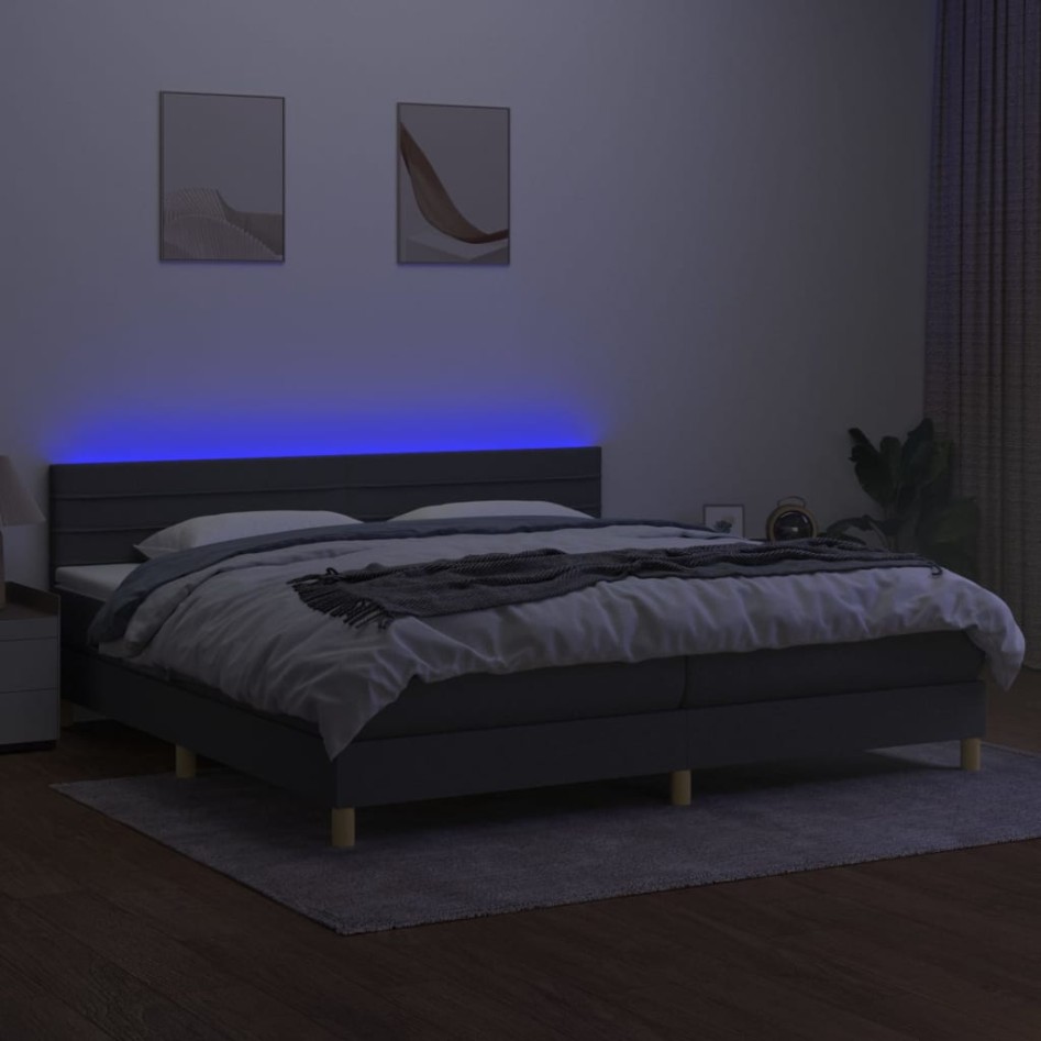 Cama box spring con colchón y LED tela gris oscuro 200x200
