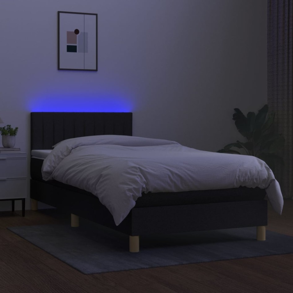 Cama box spring con colchón LED tela negro 100x200