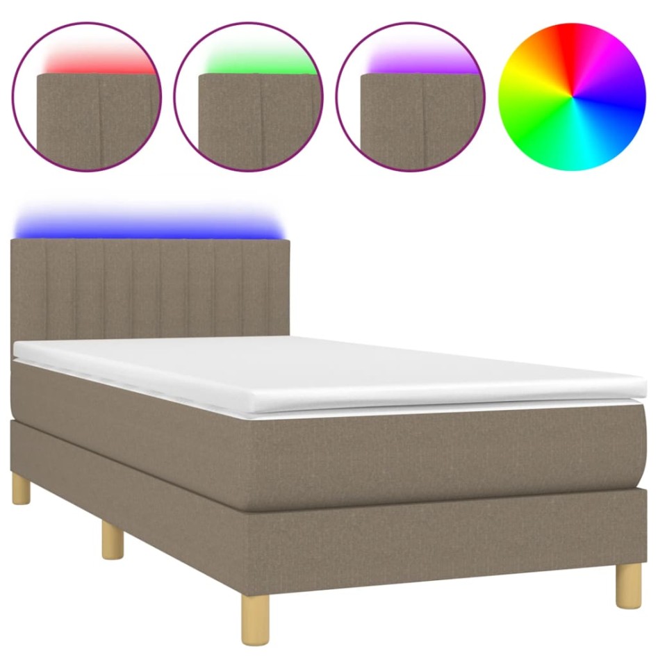 Cama box spring con colchón LED tela gris taupe 90x190