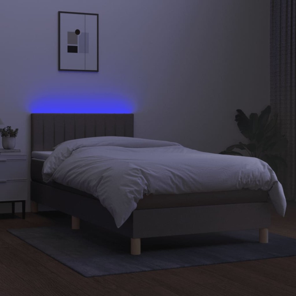 Cama box spring con colchón LED tela gris taupe 90x190