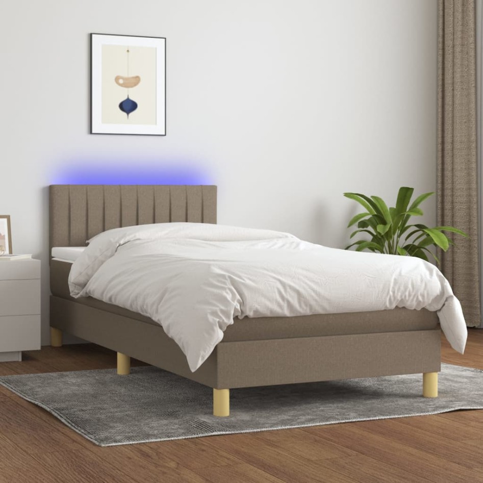 Cama box spring con colchón LED tela gris taupe 100x200