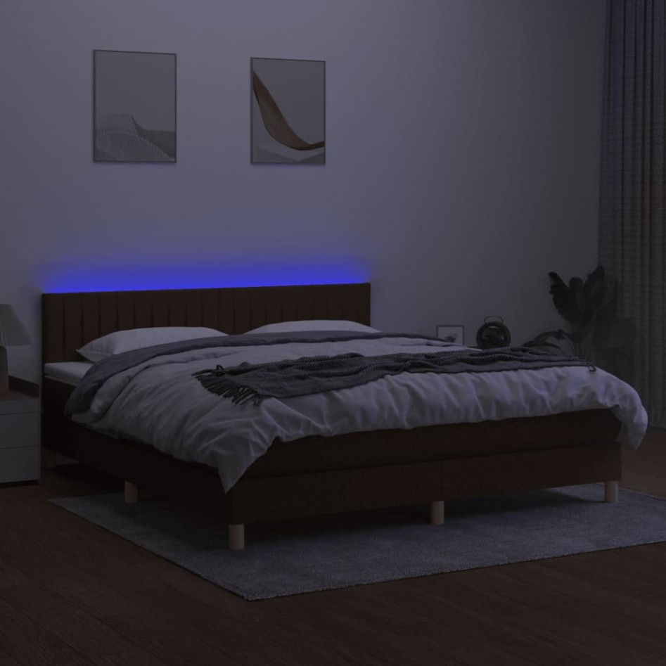 Cama box spring con colchón LED tela marrón oscuro 160x200