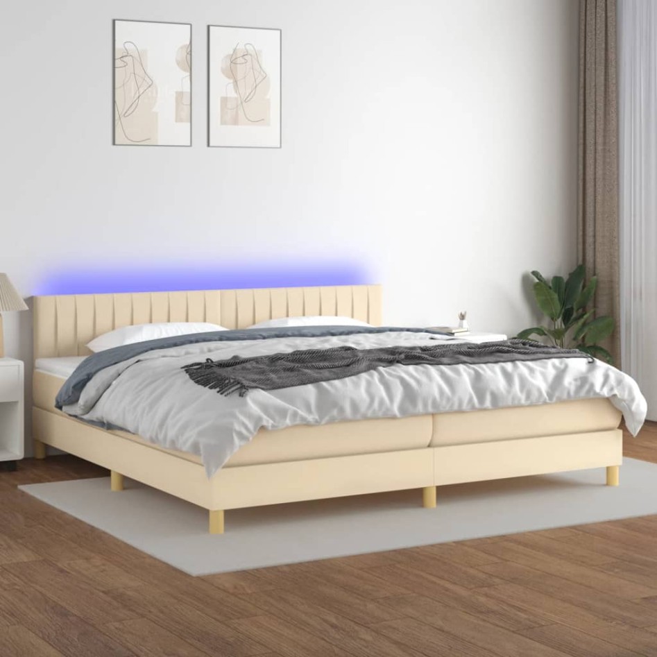 Cama box spring con colchón y LED tela crema 200x200
