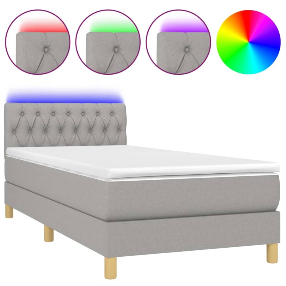 Cama box spring con colchón tela y LED gris claro 100x200