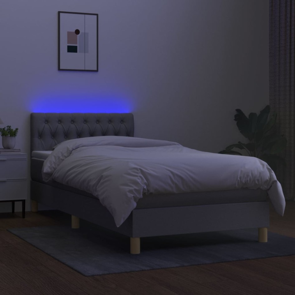 Cama box spring con colchón tela y LED gris claro 100x200