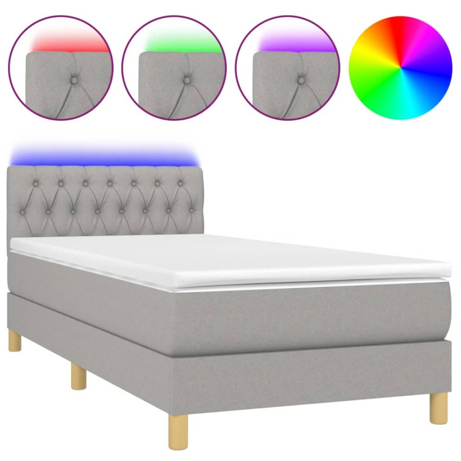 Cama box spring colchón y luces LED tela gris claro 90x200
