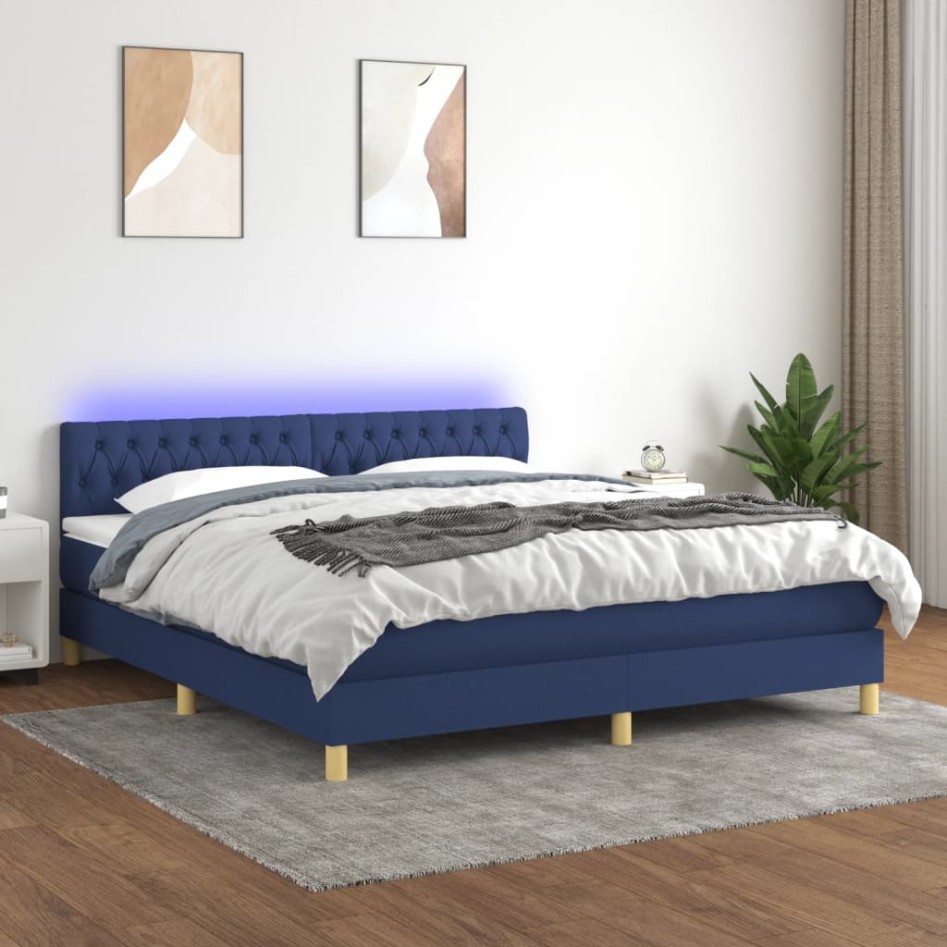 Cama box spring con colchón y LED tela azul 160x200