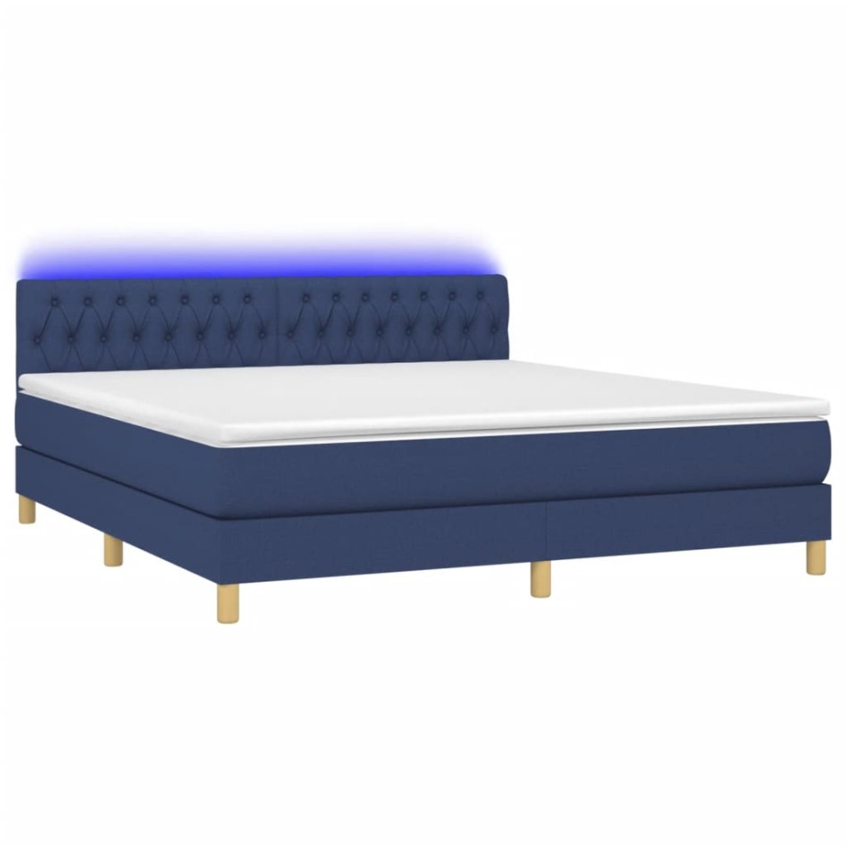 Cama box spring con colchón y LED tela azul 160x200