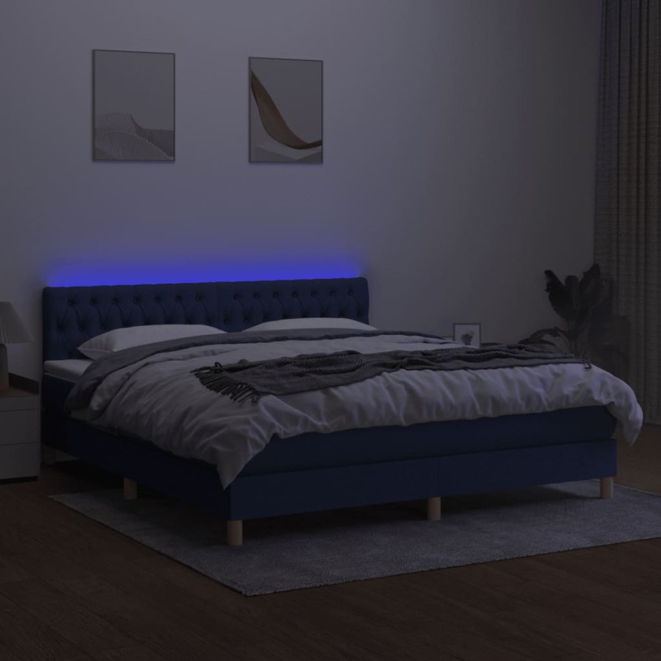 Cama box spring con colchón y LED tela azul 160x200
