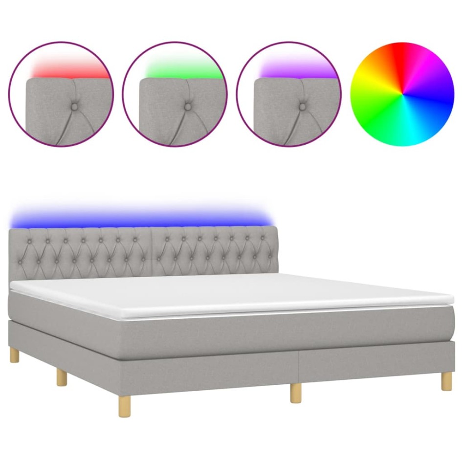 Cama box spring con colchón tela y LED gris claro 180x200