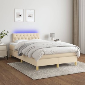 Cama box spring con colchón y LED tela crema 120x200