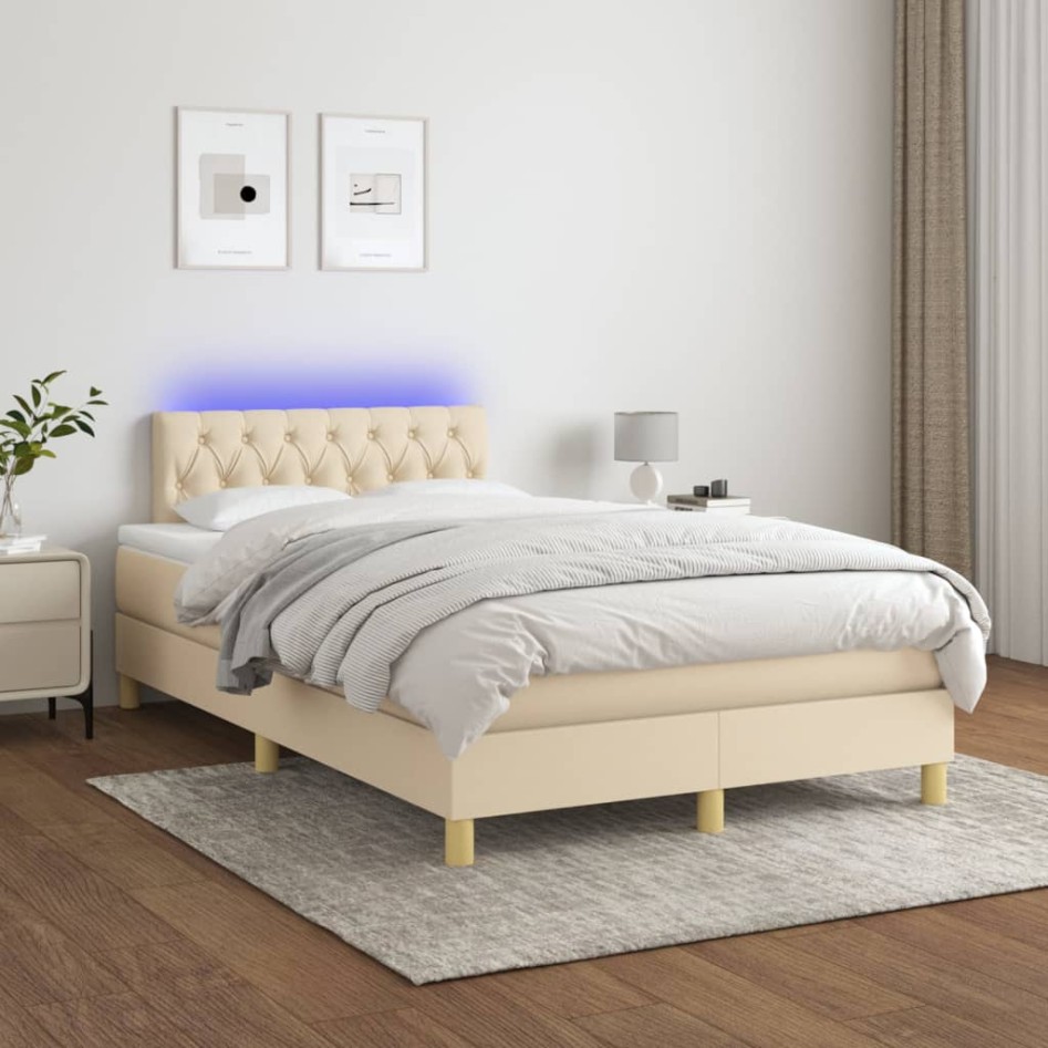 Cama box spring con colchón y LED tela crema 120x200