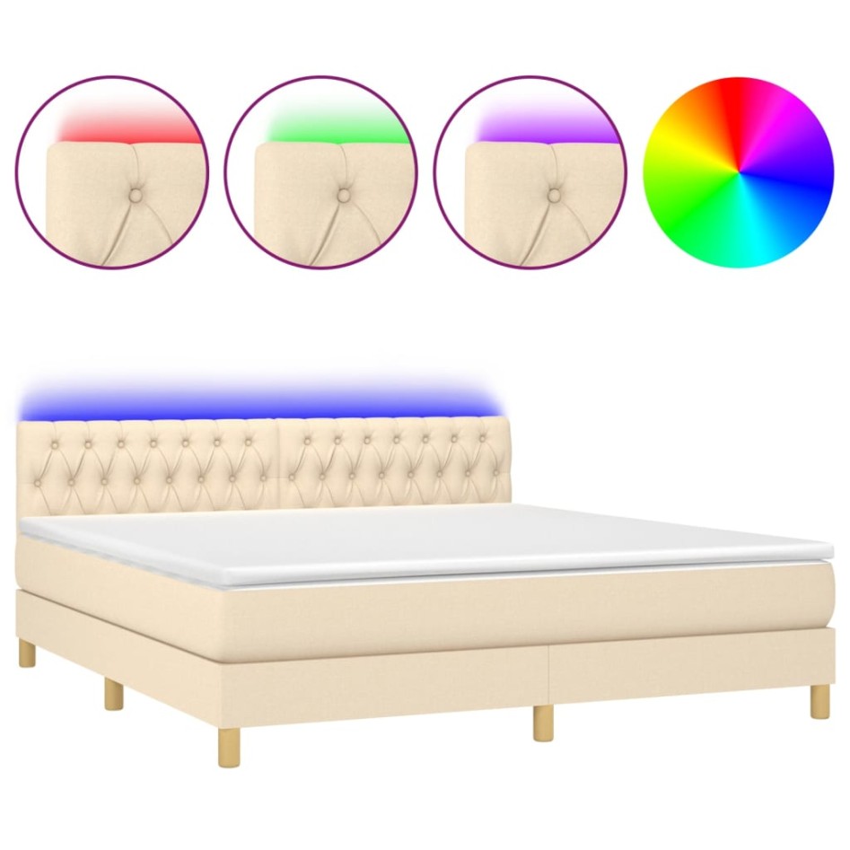 Cama box spring con colchón y LED tela crema 180x200
