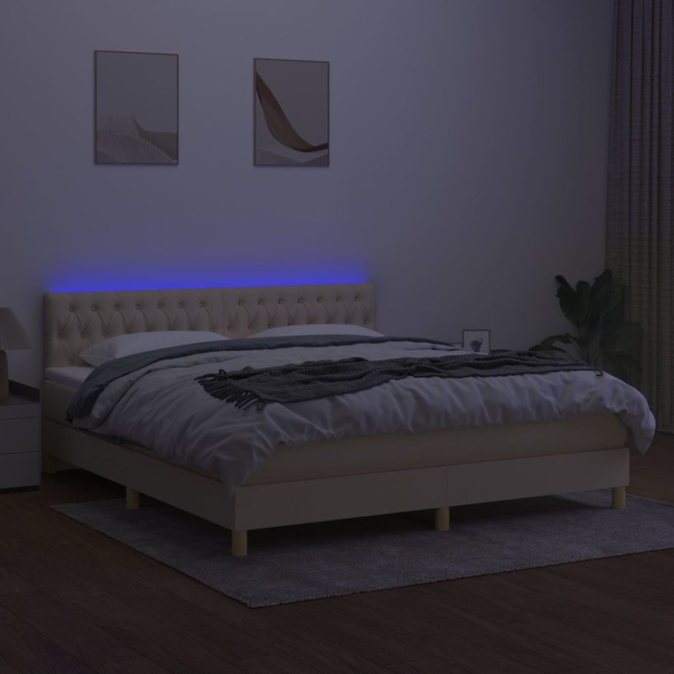 Cama box spring con colchón y LED tela crema 180x200