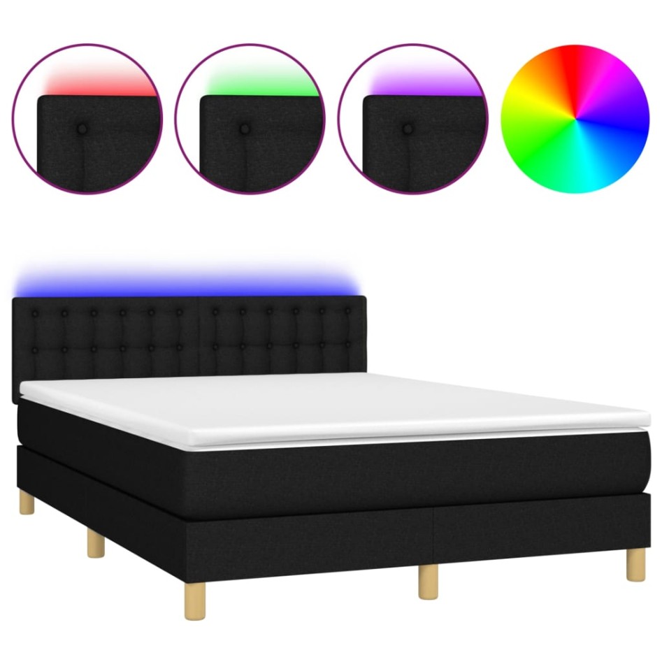 Cama box spring colchón y luces LED tela negro 140x200
