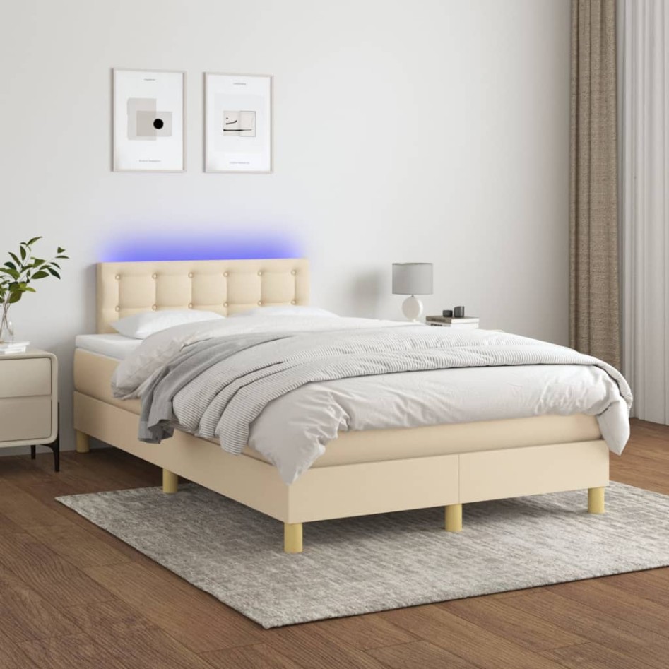 Cama box spring con colchón y LED tela crema 120x200