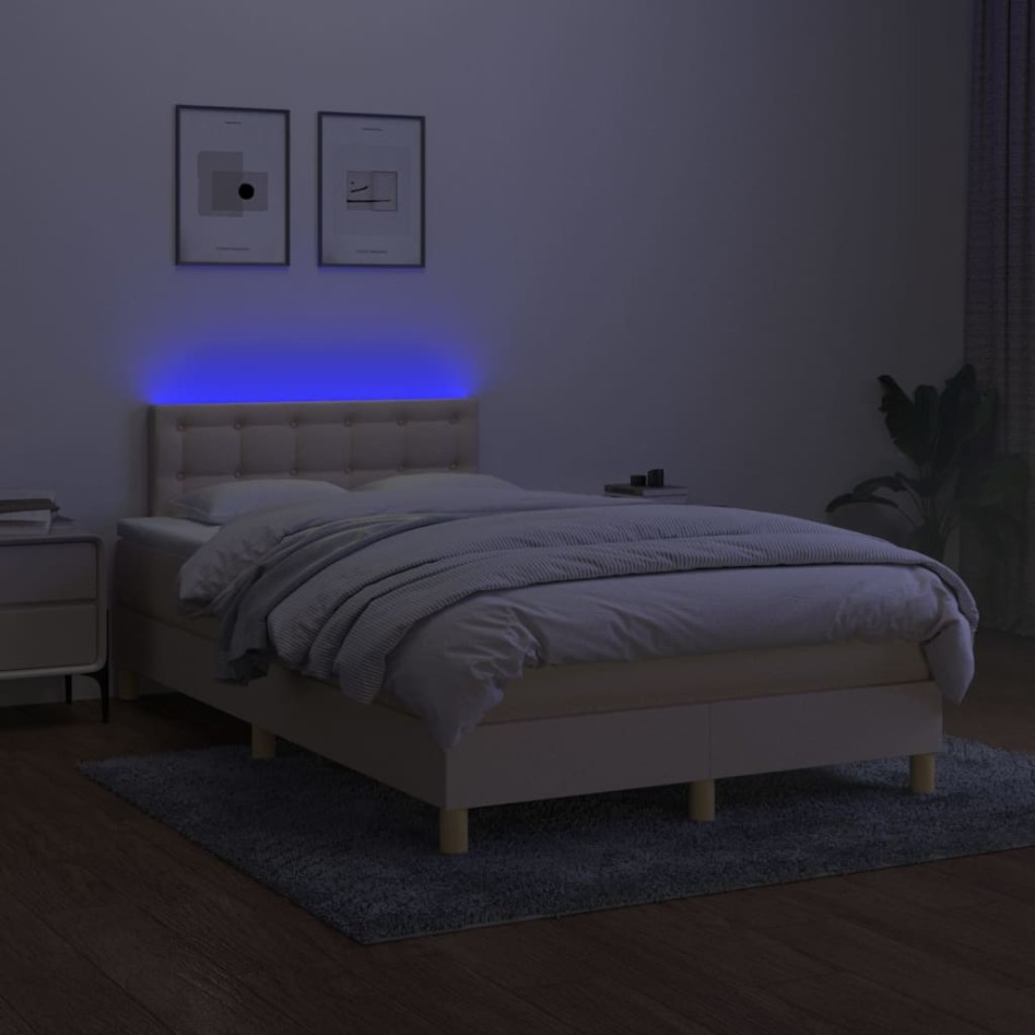 Cama box spring con colchón y LED tela crema 120x200