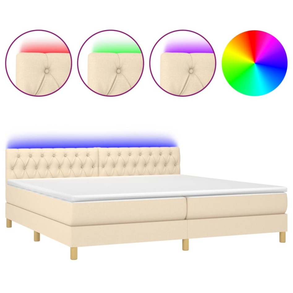 Cama box spring con colchón y LED tela crema 200x200