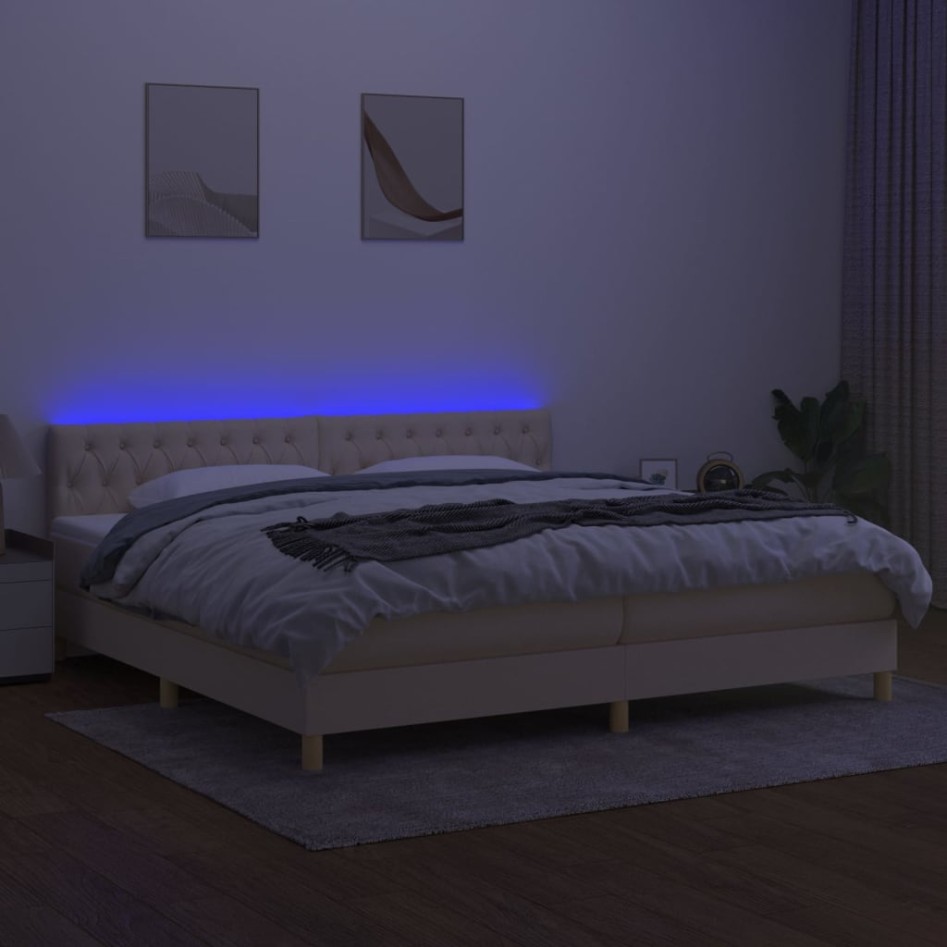 Cama box spring con colchón y LED tela crema 200x200
