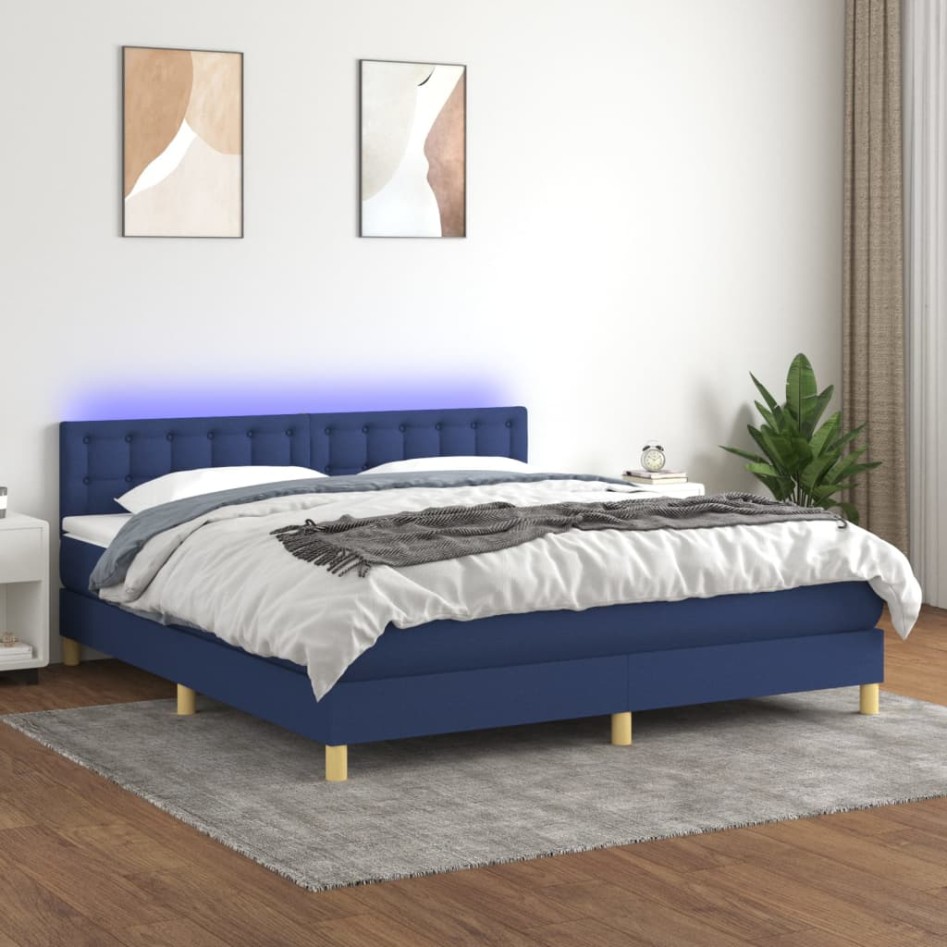 Cama box spring con colchón y LED tela azul 160x200