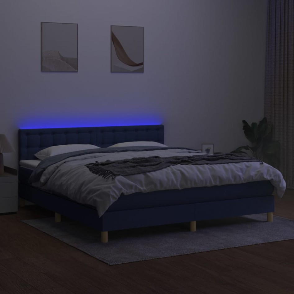 Cama box spring con colchón y LED tela azul 160x200