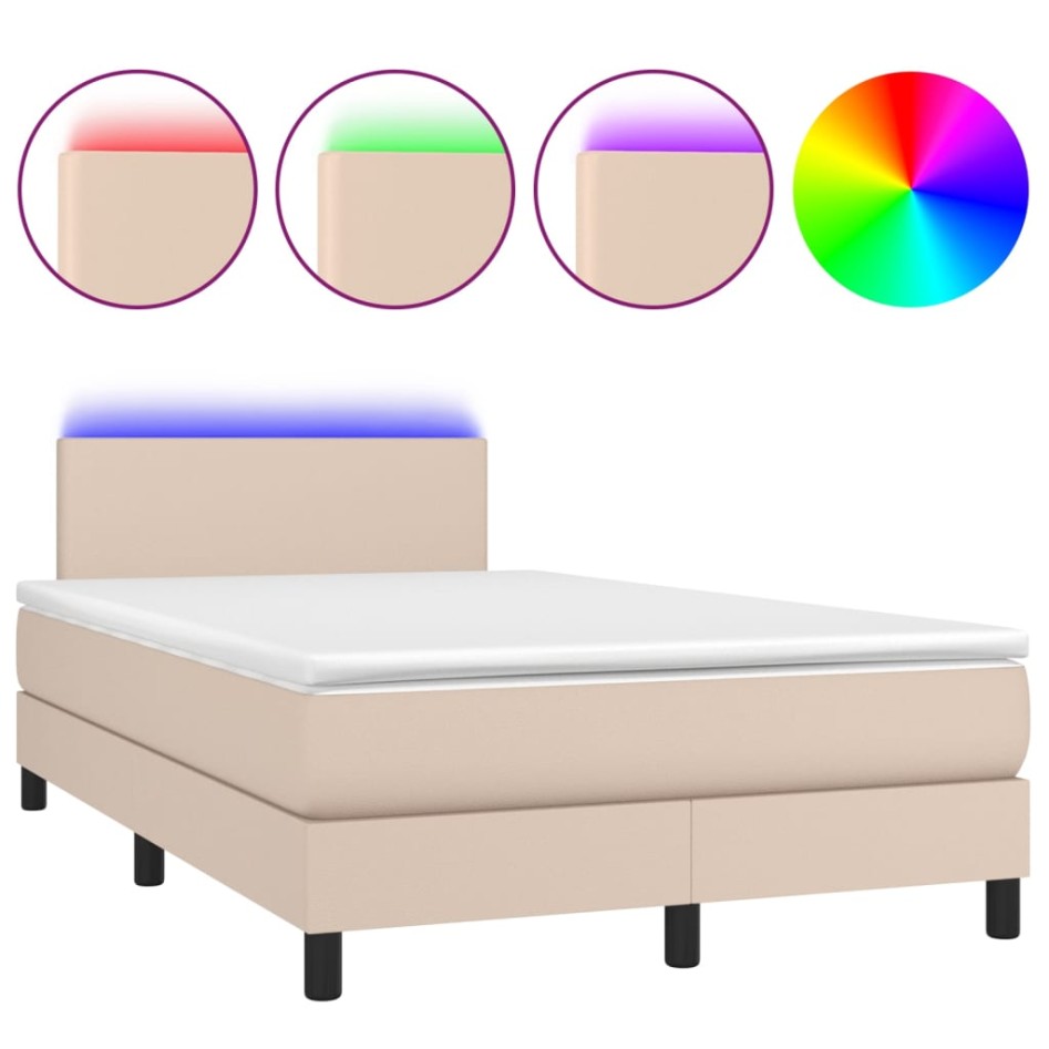 Cama box spring colchón LED cuero sintético capuchino