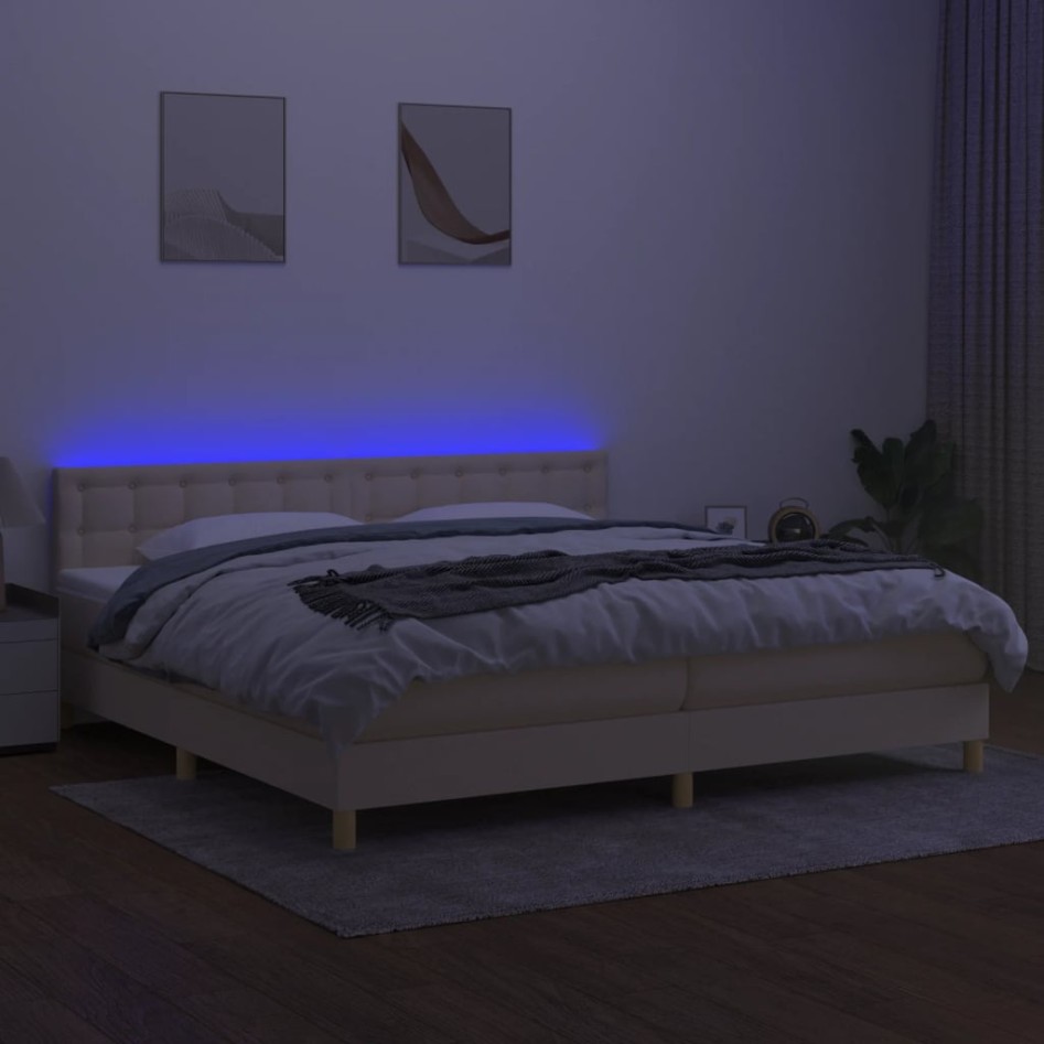 Cama box spring con colchón y LED tela crema 200x200