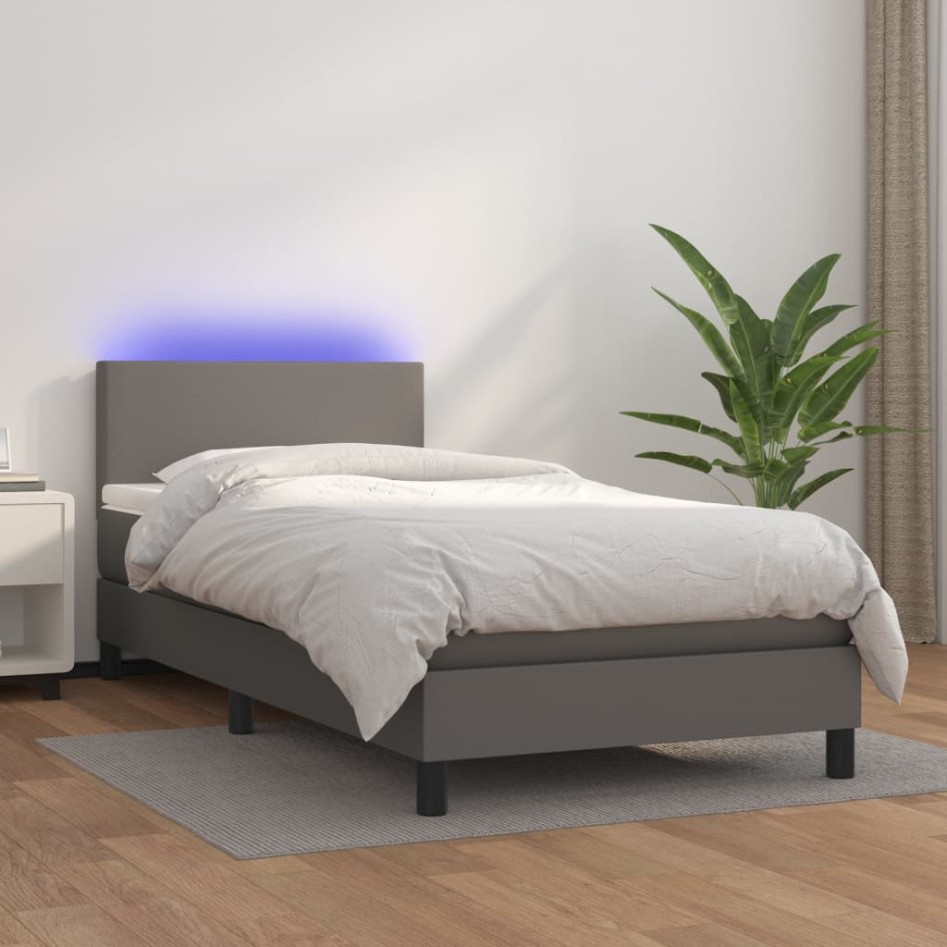 Cama box spring colchón y LED cuero sintético gris 100x200