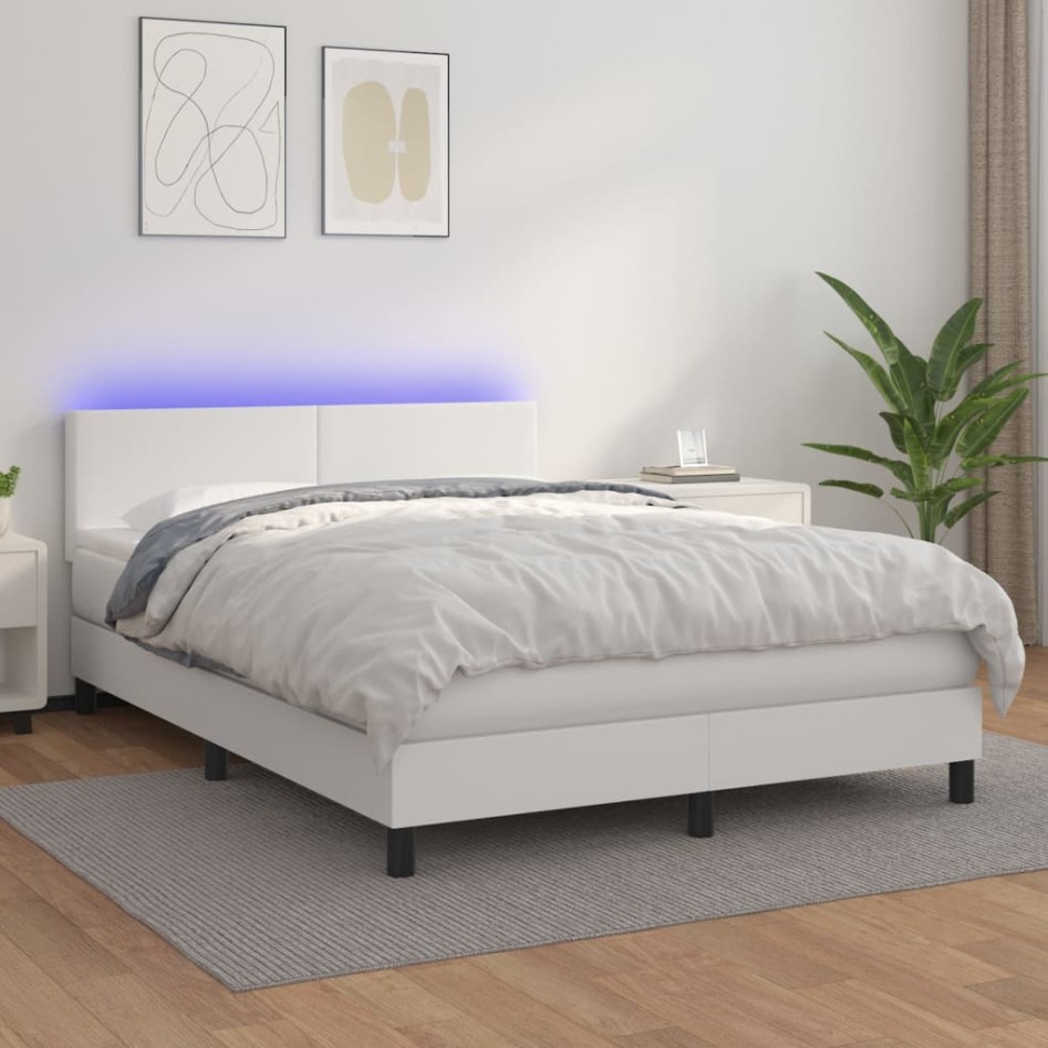 Cama box spring colchón y LED cuero sintético blanco 140x190