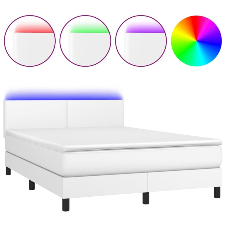 Cama box spring colchón y LED cuero sintético blanco 140x190