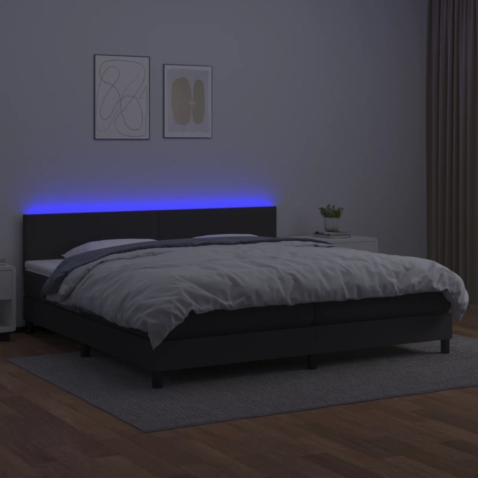 Cama box spring colchón y LED cuero sintético negro 200x200