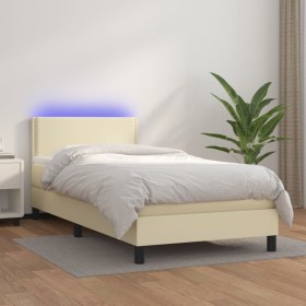 Cama box spring colchón y LED cuero sintético crema 100x200