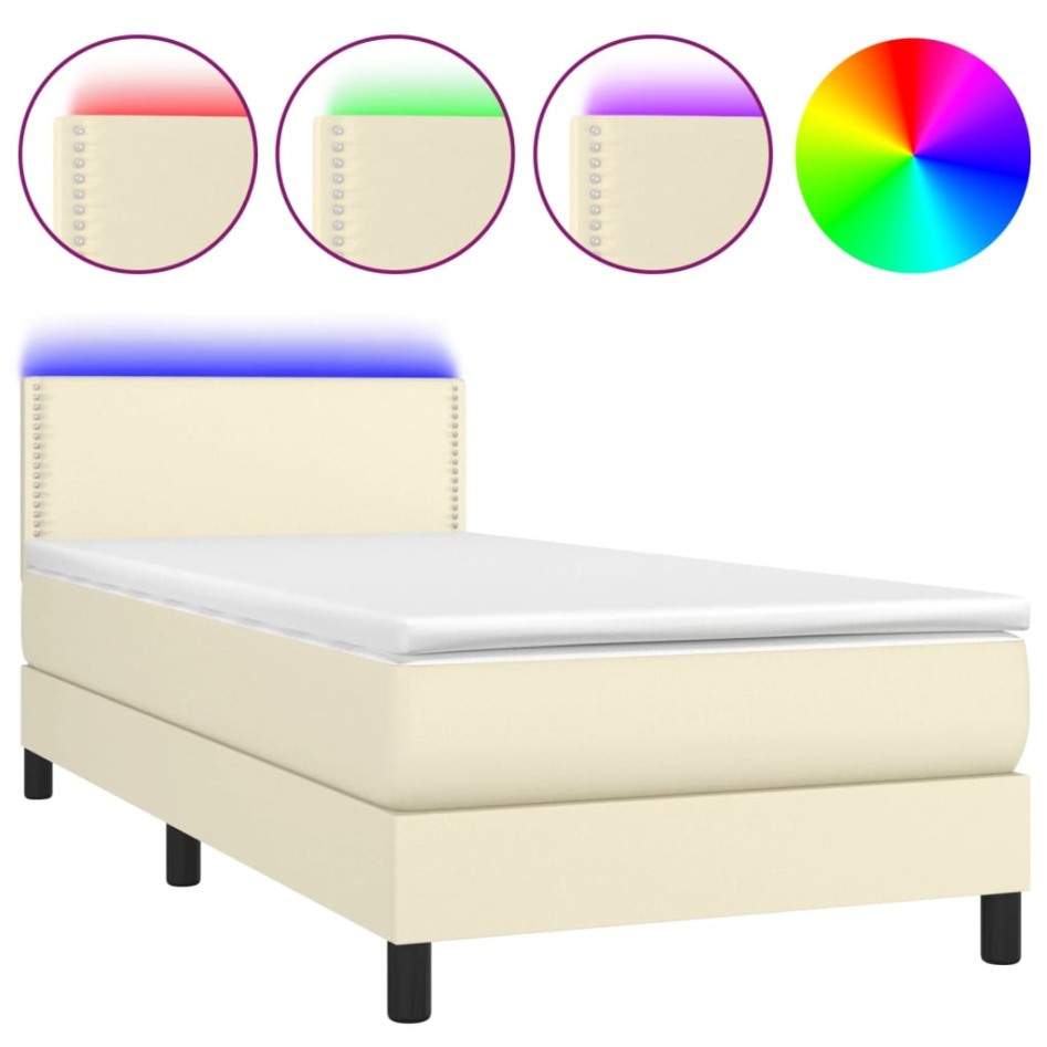 Cama box spring colchón y LED cuero sintético crema 100x200
