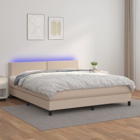 Cama box spring colchón LED cuero sintético capuchino