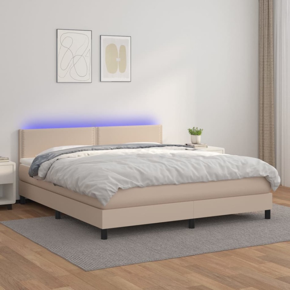 Cama box spring colchón LED cuero sintético capuchino