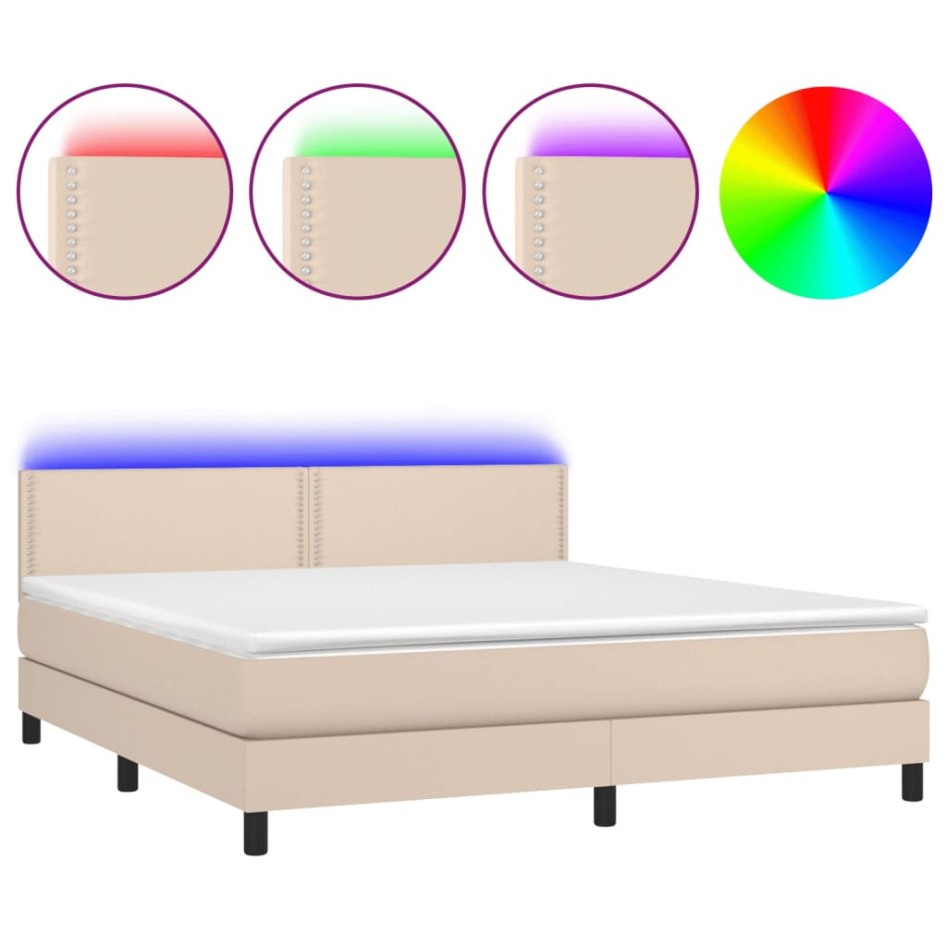 Cama box spring colchón LED cuero sintético capuchino