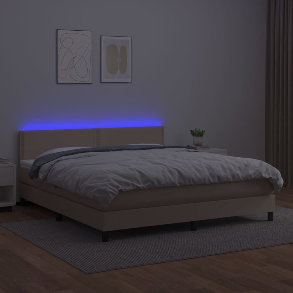 Cama box spring colchón LED cuero sintético capuchino