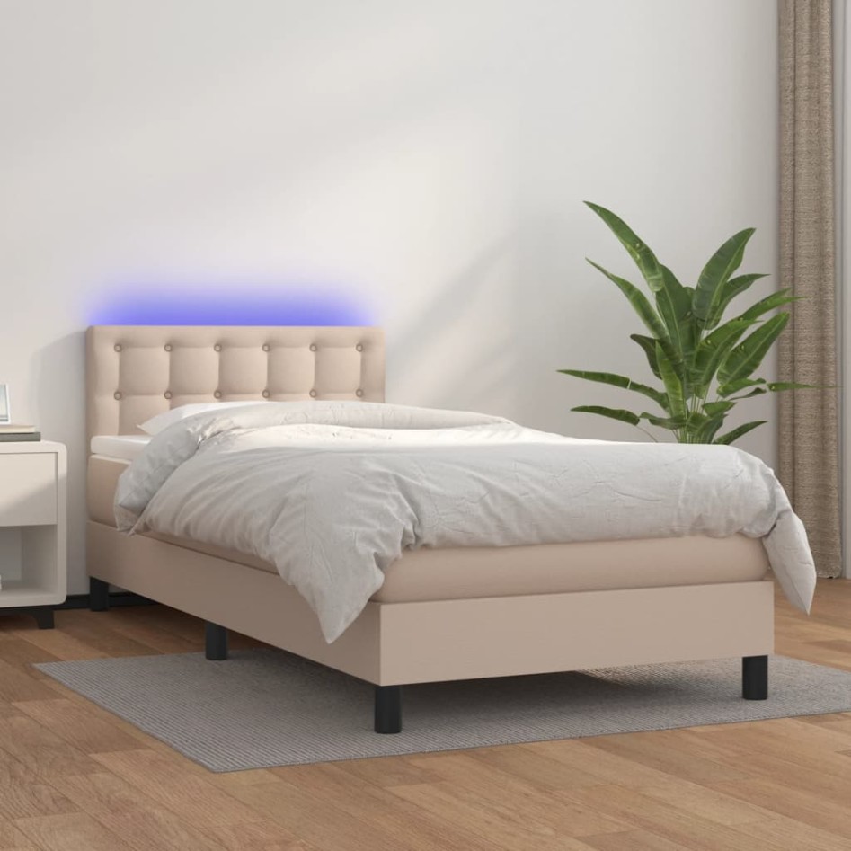 Cama box spring colchón LED cuero sintético capuchino 80x200