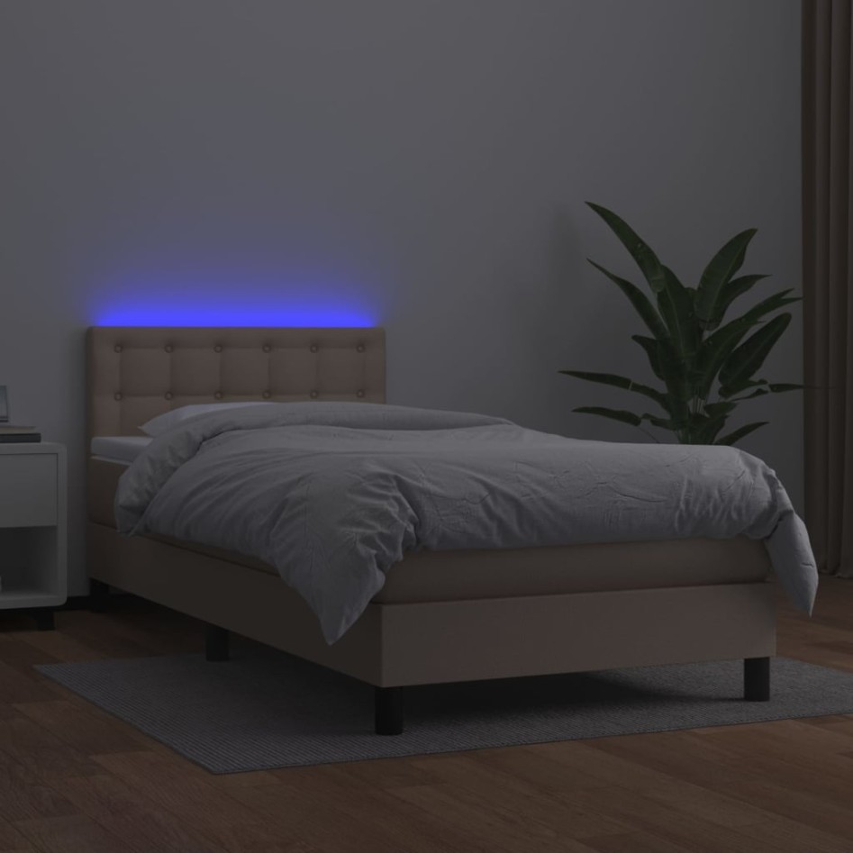 Cama box spring colchón LED cuero sintético capuchino 80x200