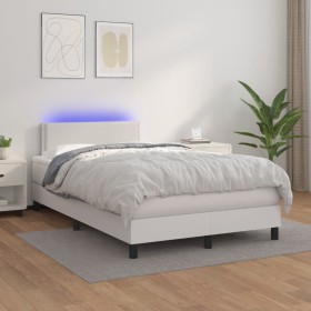Cama box spring colchón y LED cuero sintético blanco 120x200
