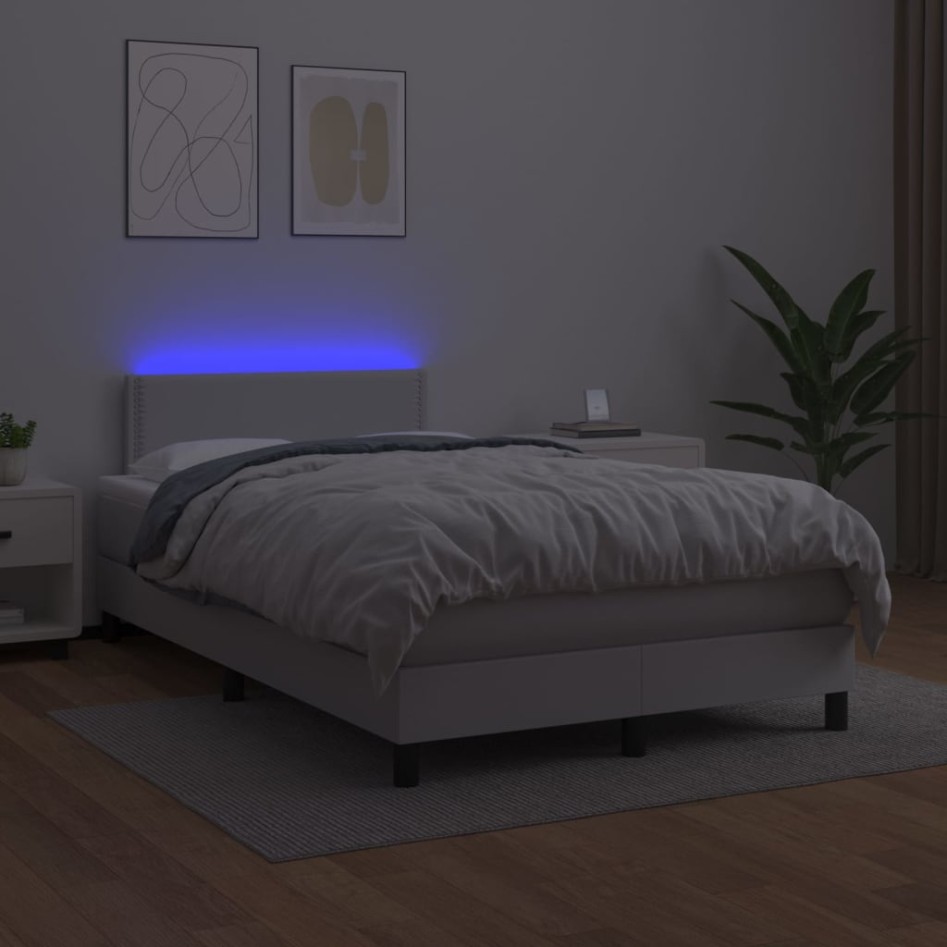 Cama box spring colchón y LED cuero sintético blanco 120x200