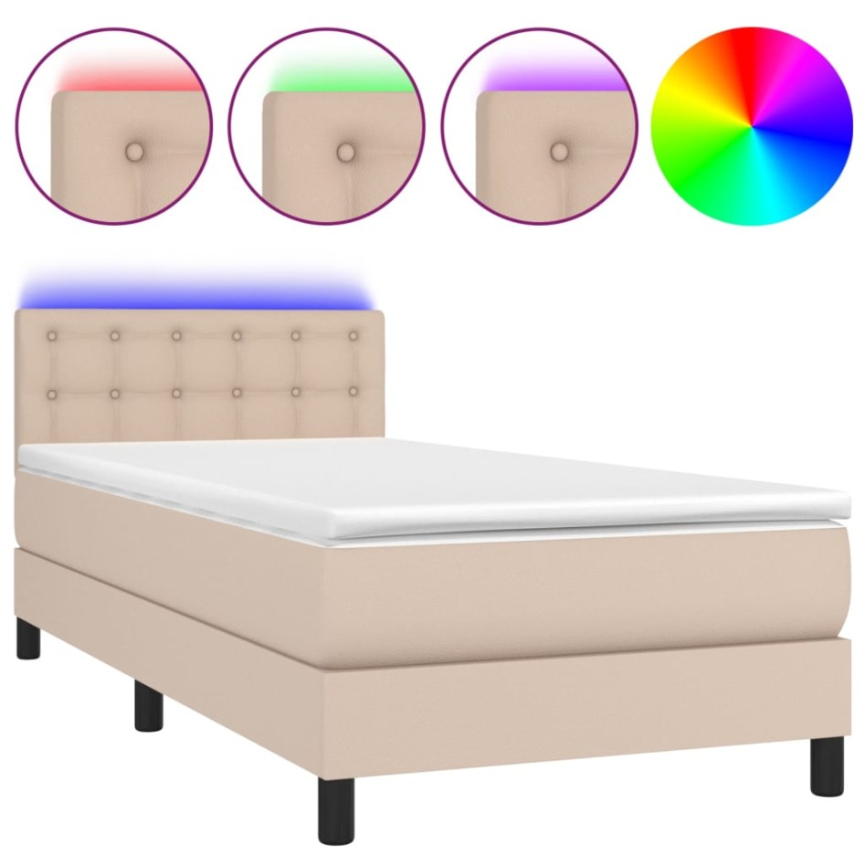 Cama box spring colchón LED cuero sintético capuchino 90x200