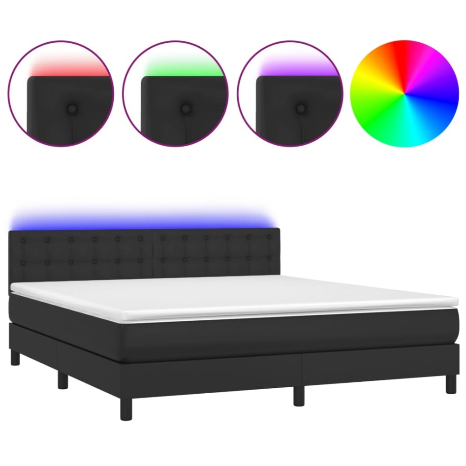 Cama box spring colchón y LED cuero sintético negro 160x200
