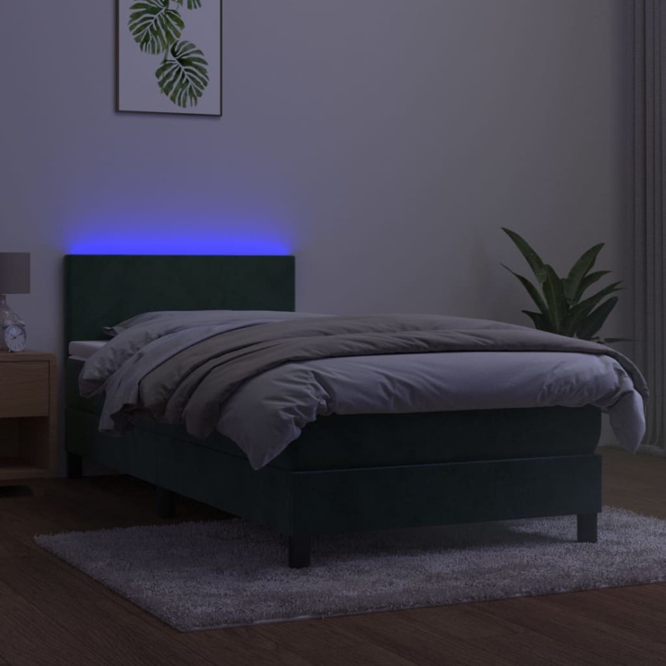 Cama box spring colchón y LED terciopelo verde oscuro 80x200