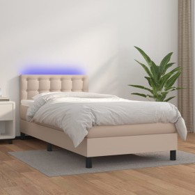 Cama box spring colchón LED cuero sintético capuchino