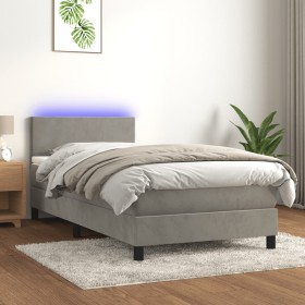 Cama box spring colchón y LED terciopelo gris claro 100x200