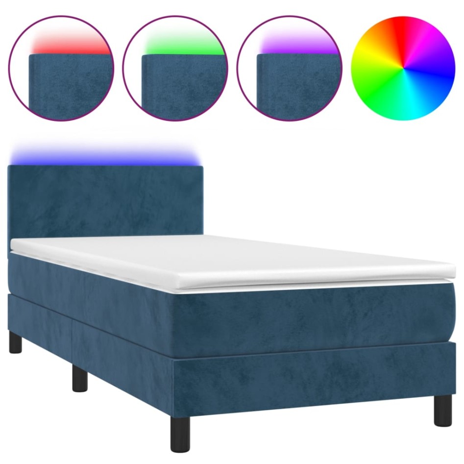 Cama box spring colchón y LED terciopelo azul oscuro 90x190