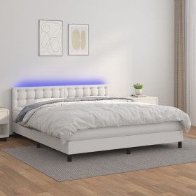 Cama box spring colchón y LED cuero sintético blanco 180x200
