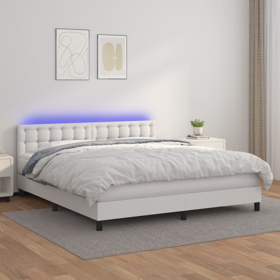 Cama box spring colchón y LED cuero sintético blanco 180x200
